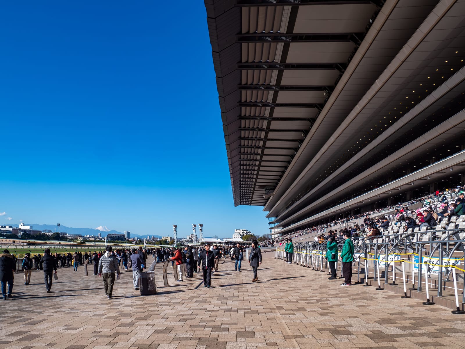 The tall Fuji View Stand towering over the apron, with snow-capped Mt. Fuji visible on the horizon.