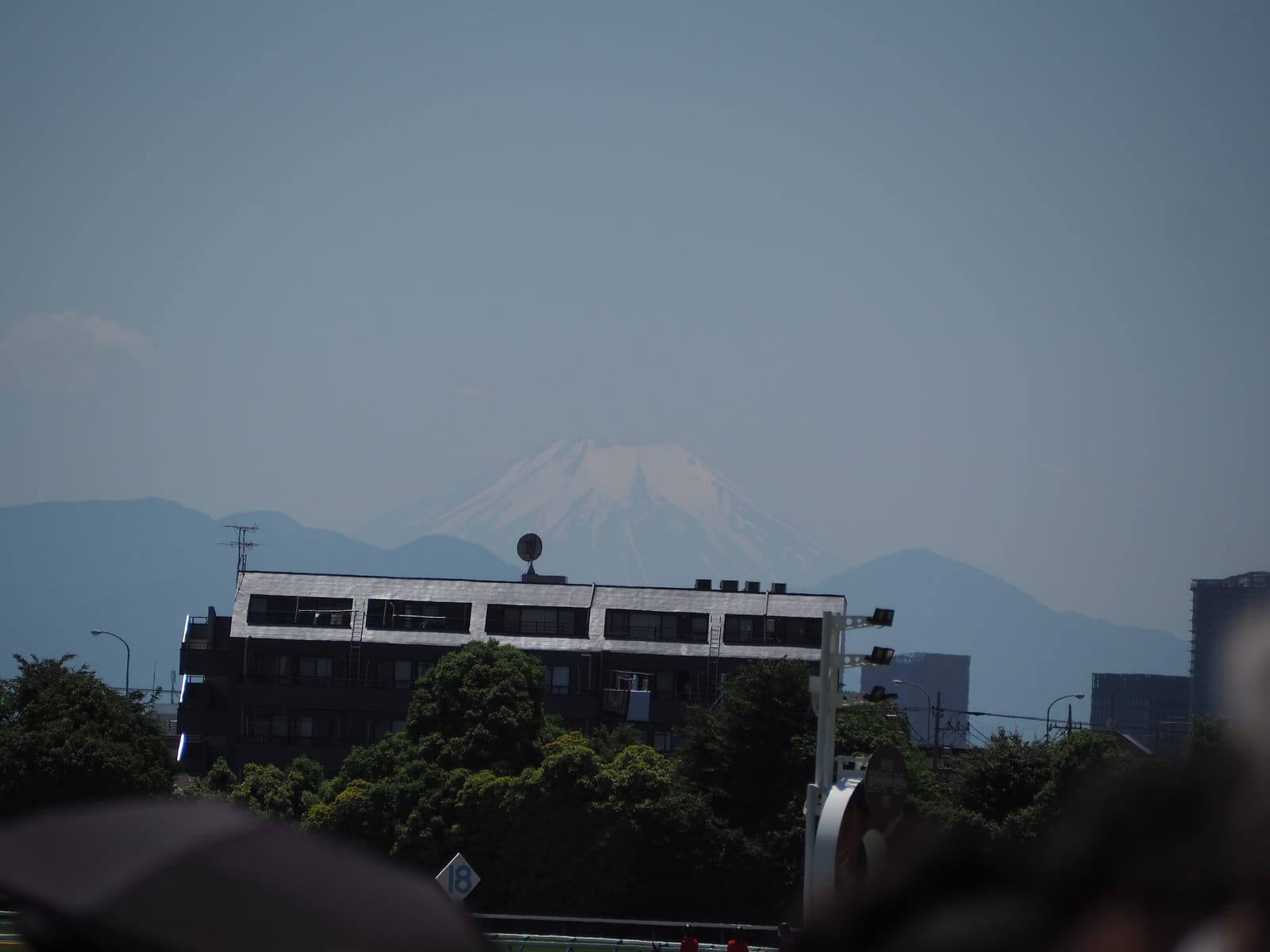 Snow-capped Mt. Fuji rising above the mountains and buildings beyond Tokyo Racecourse.