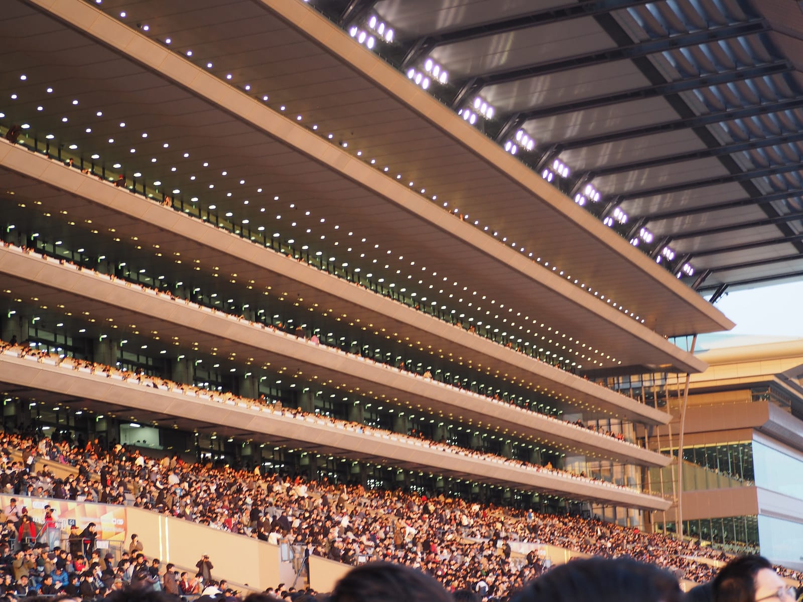 The huge grandstand at Tokyo Racecourse packed with spectators on Japan Cup day.