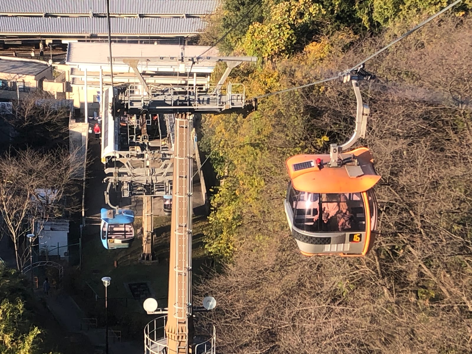 A Sky Shuttle gondola cabin climbing through autumn trees from the Keio-Yomiuri-Land Station side toward Yomiuriland.