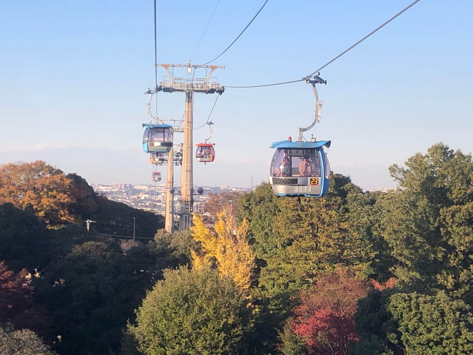 Sky Shuttle gondola cabins gliding above autumn trees on the way up to Yomiuriland.