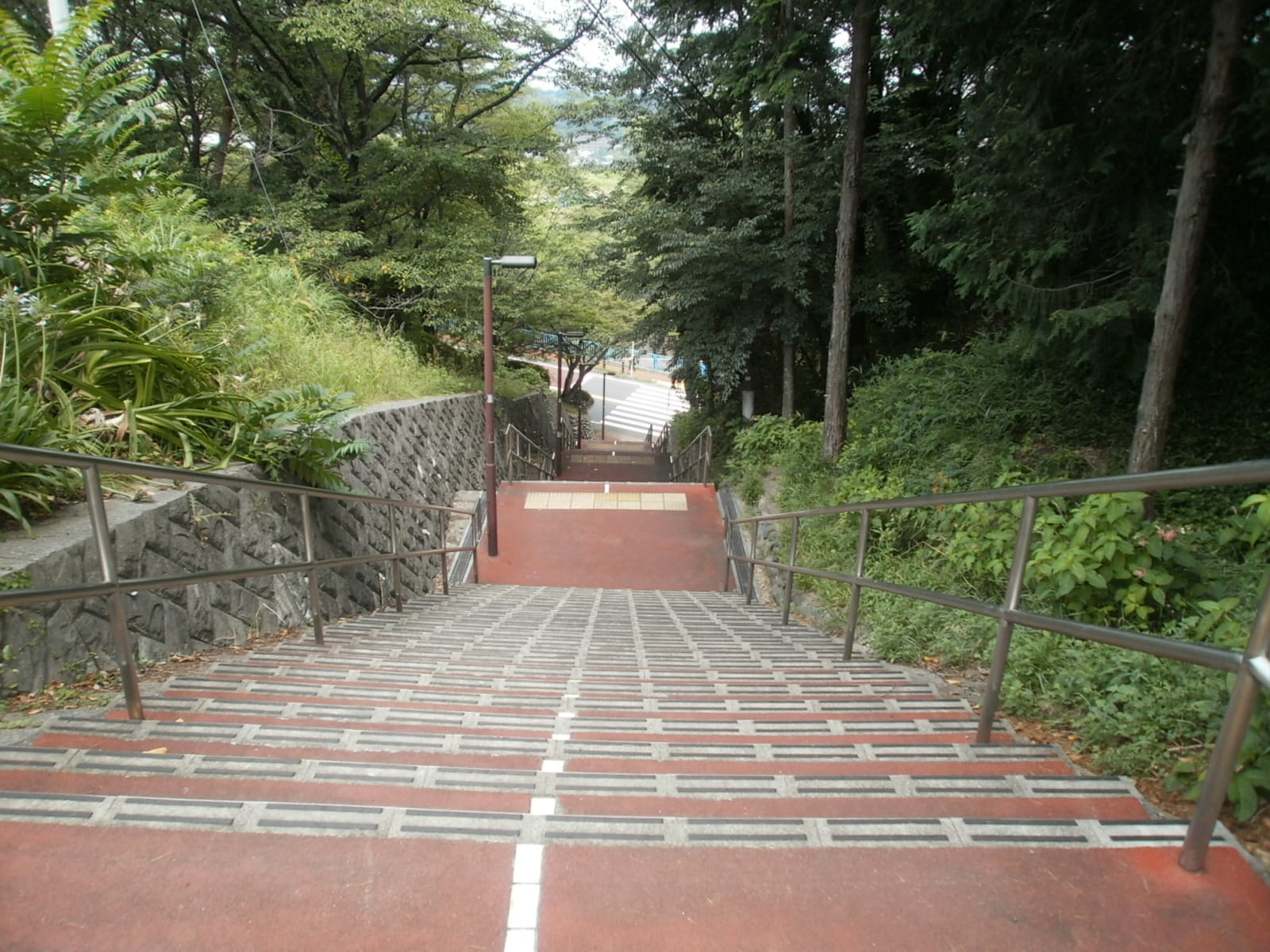 Looking down the steep Irohazaka stairs in Seiseki-sakuragaoka, lined with handrails and trees