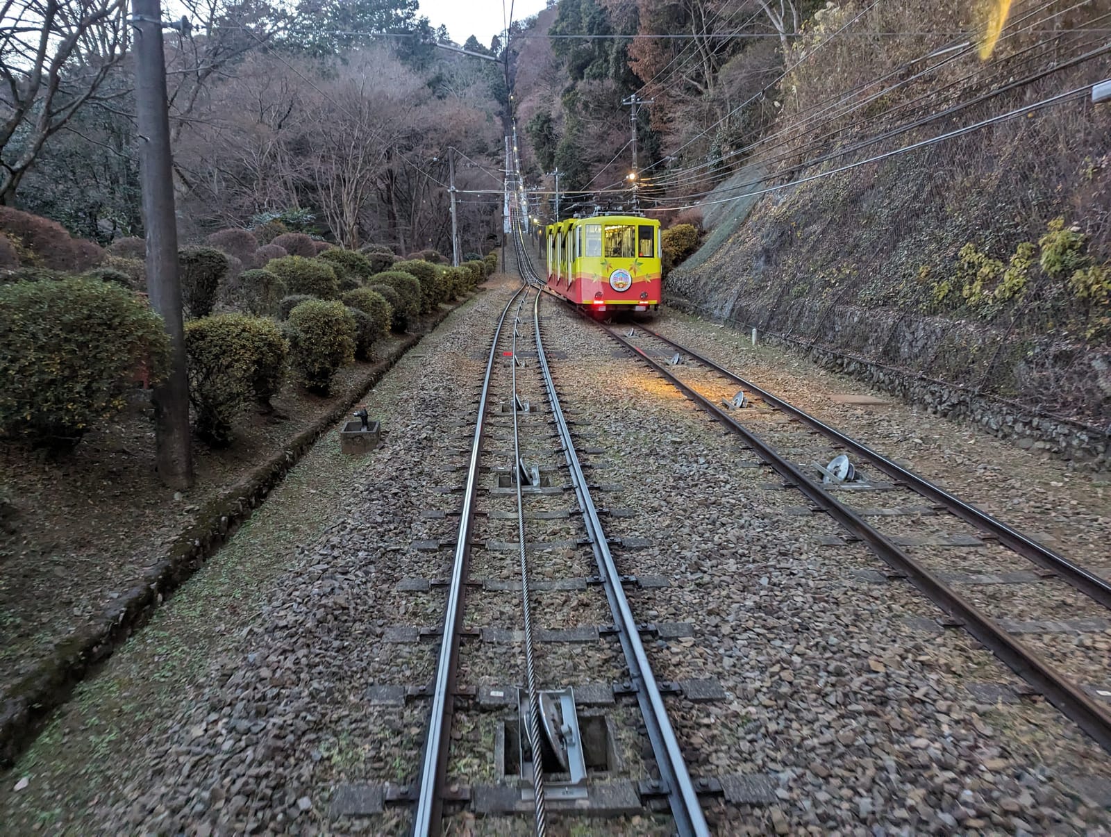A red and yellow Takao cable car on the steep track between trees, seen from the passing car.
